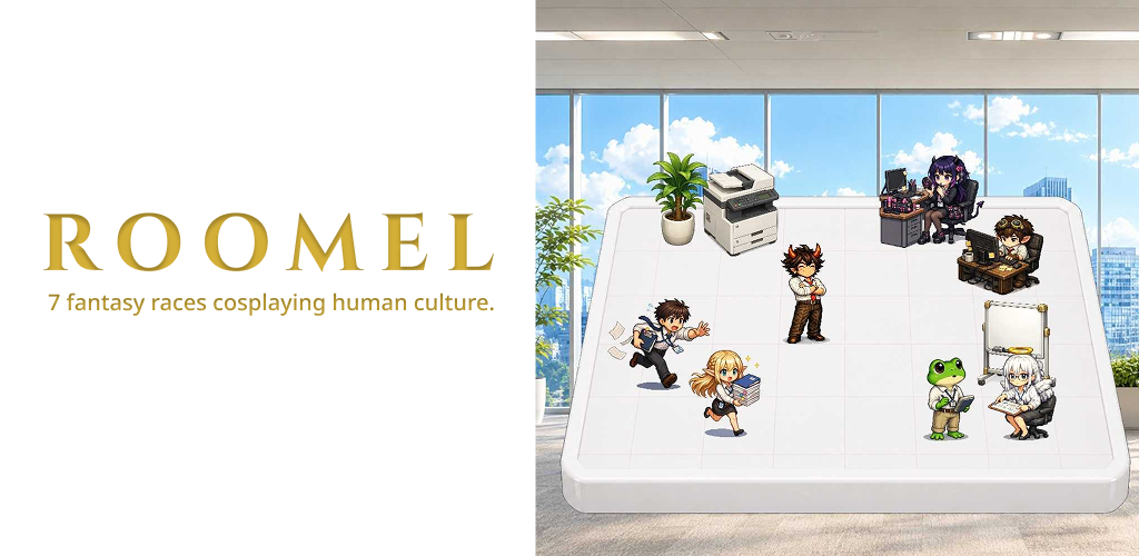 Roomel key visual showing fantasy characters in an office diorama
